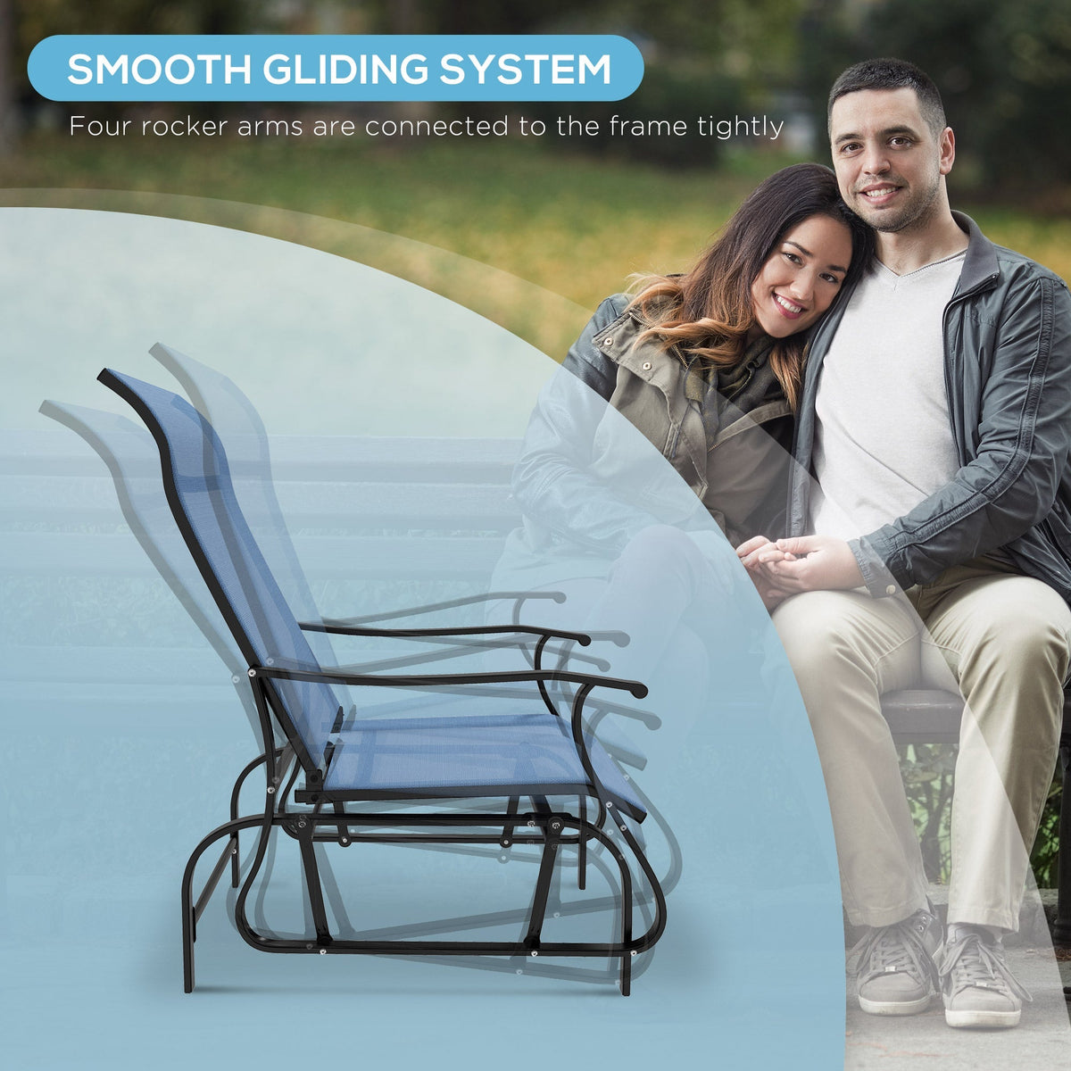 3 Piece Gliding Rocking Chair w/ Mesh Seat & Bistro Tea Table w/ Glass Top, Light Blue