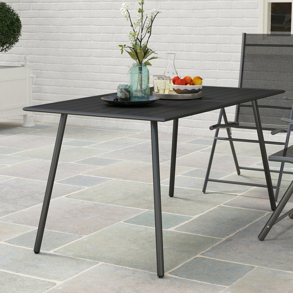 Garden Table for 6 Person, Rectangle Outdoor Table with Easy Clean Slat Top, Rust Resistant Steel Frame, for Deck, Balcony, 150 x 80 x 74 cm, Black