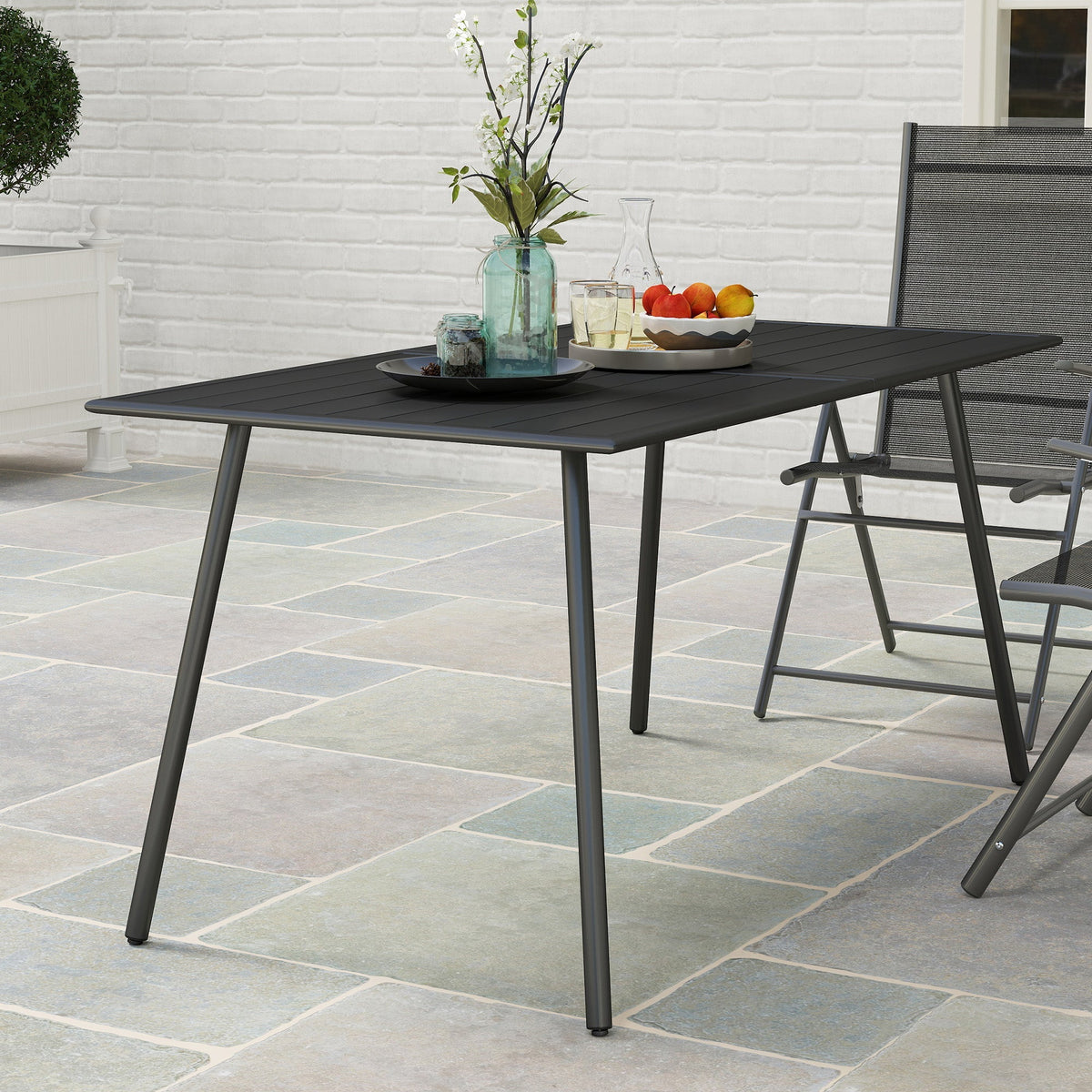 Garden Table for 6 Person, Rectangle Outdoor Table with Easy Clean Slat Top, Rust Resistant Steel Frame, for Deck, Balcony, 150 x 80 x 74 cm, Black