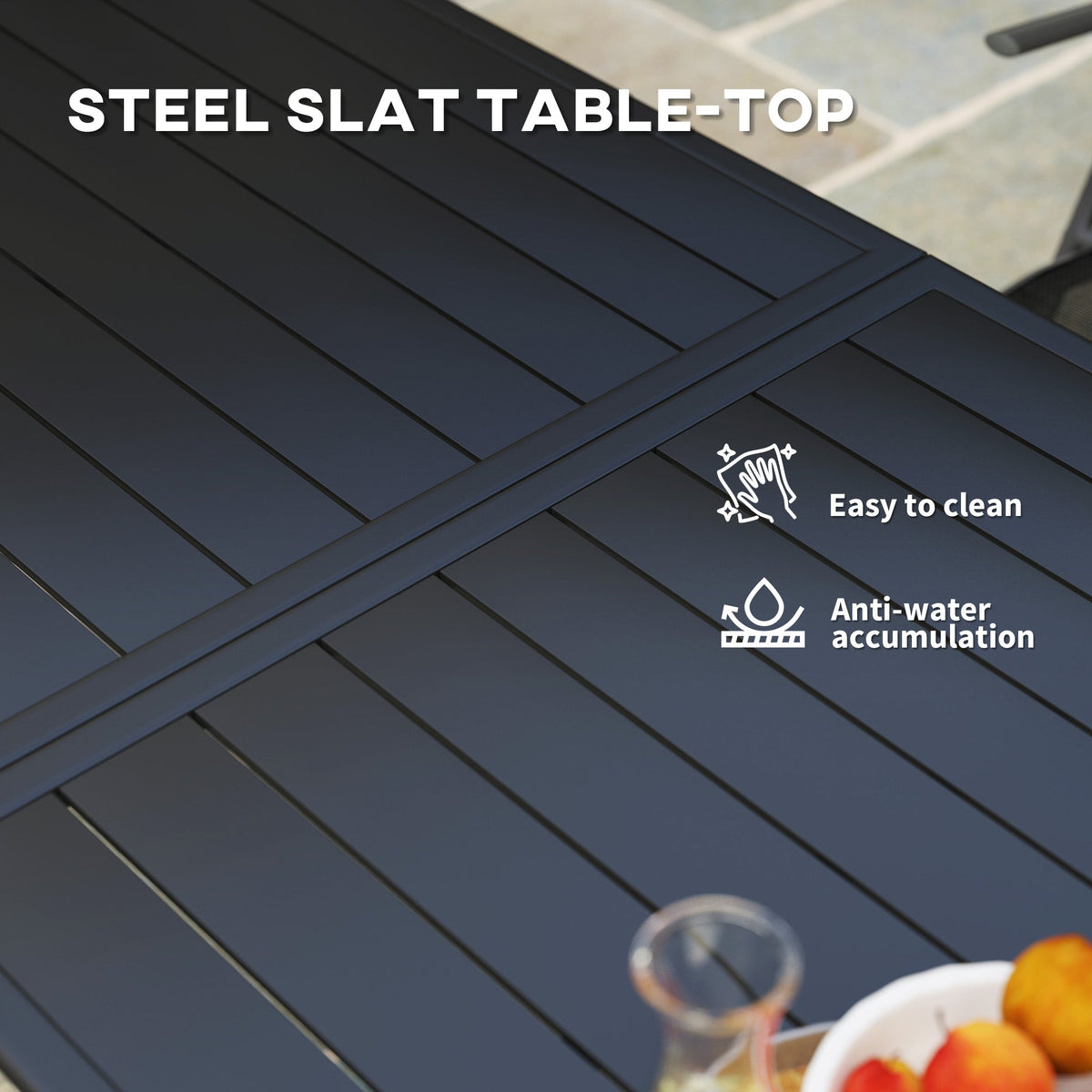 Garden Table for 6 Person, Rectangle Outdoor Table with Easy Clean Slat Top, Rust Resistant Steel Frame, for Deck, Balcony, 150 x 80 x 74 cm, Black