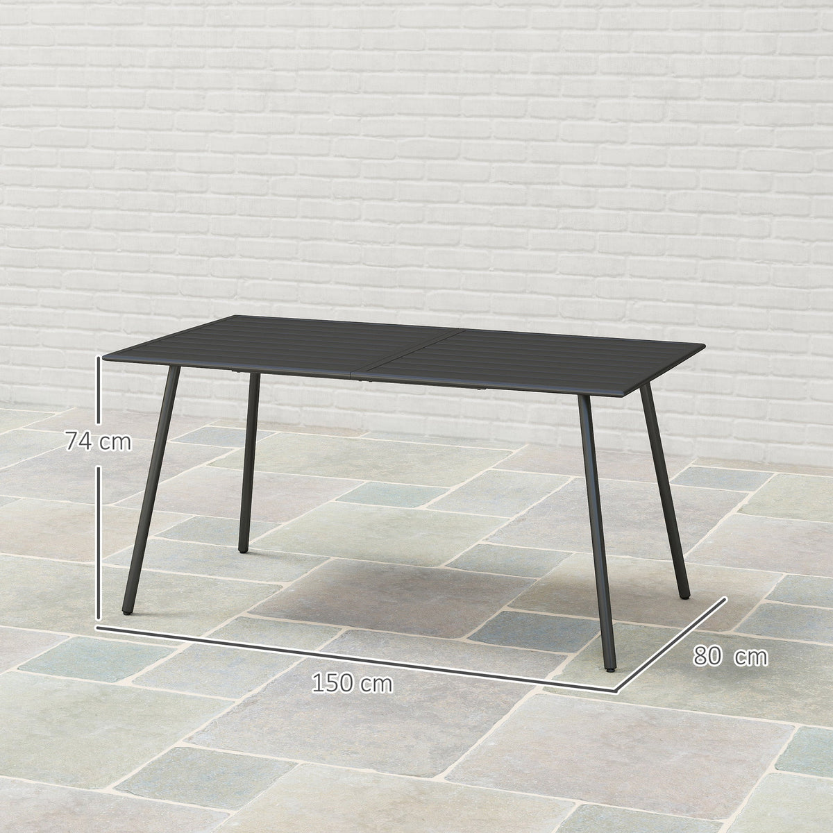 Garden Table for 6 Person, Rectangle Outdoor Table with Easy Clean Slat Top, Rust Resistant Steel Frame, for Deck, Balcony, 150 x 80 x 74 cm, Black