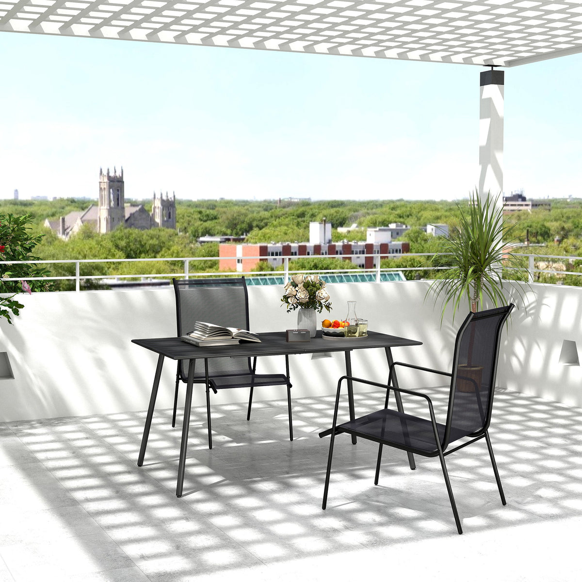 Garden Table for 6 Person, Rectangle Outdoor Table with Easy Clean Slat Top, Rust Resistant Steel Frame, for Deck, Balcony, 150 x 80 x 74 cm, Black