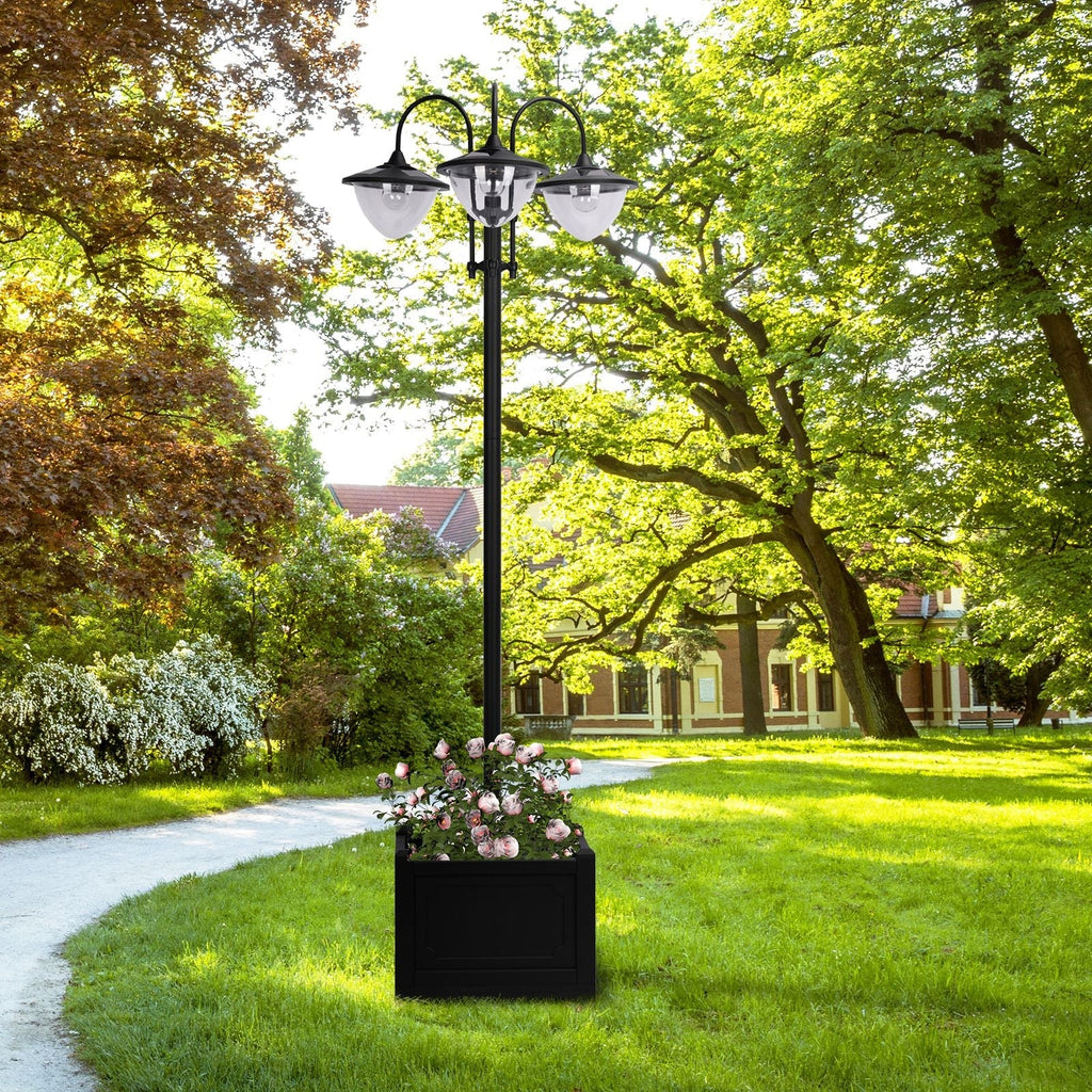74.5" 3-Head Solar Street Light Post with Planter, Auto-On, 6Hr, Black
