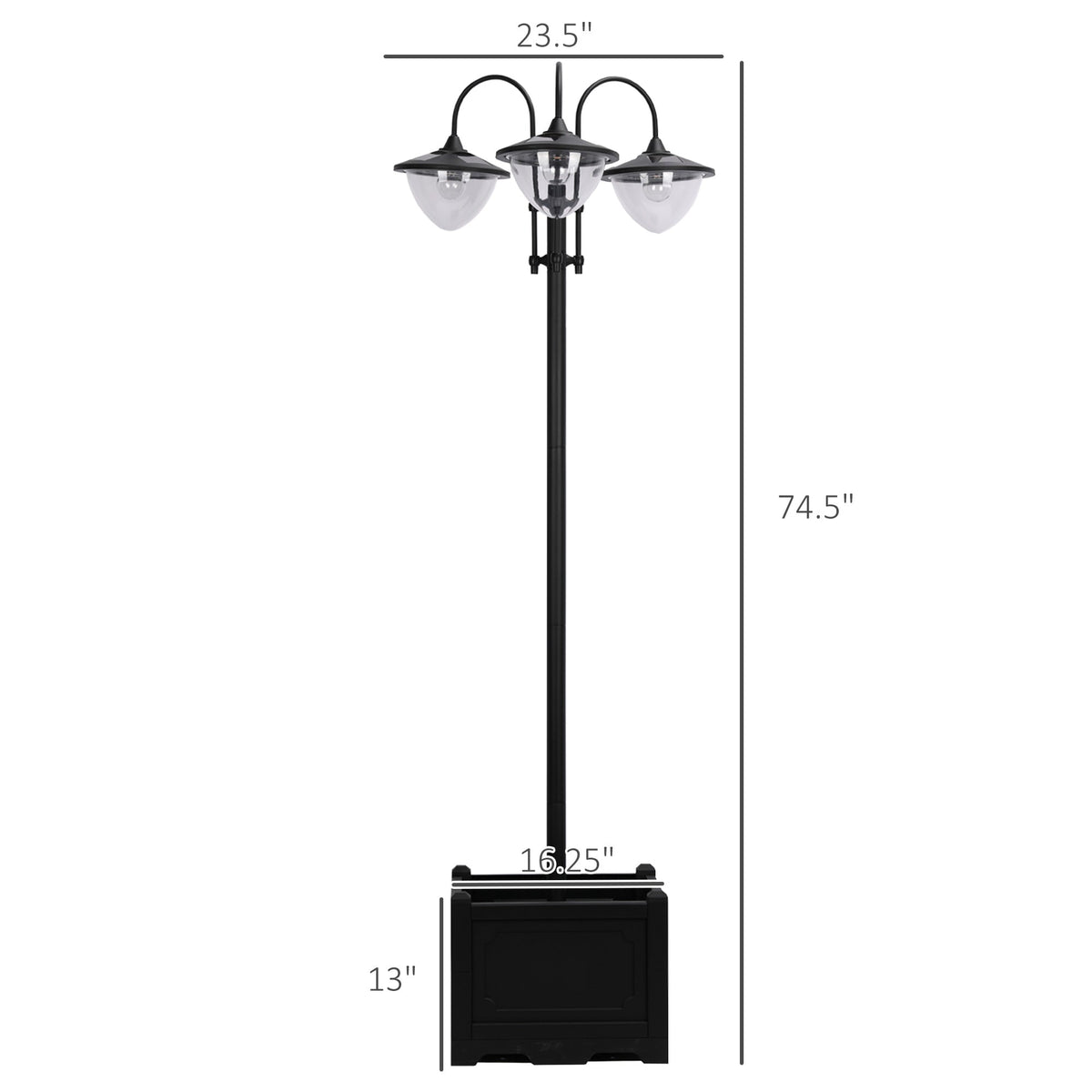 74.5" 3-Head Solar Street Light Post with Planter, Auto-On, 6Hr, Black