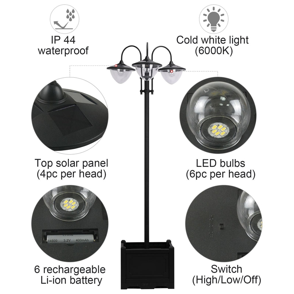 74.5" 3-Head Solar Street Light Post with Planter, Auto-On, 6Hr, Black