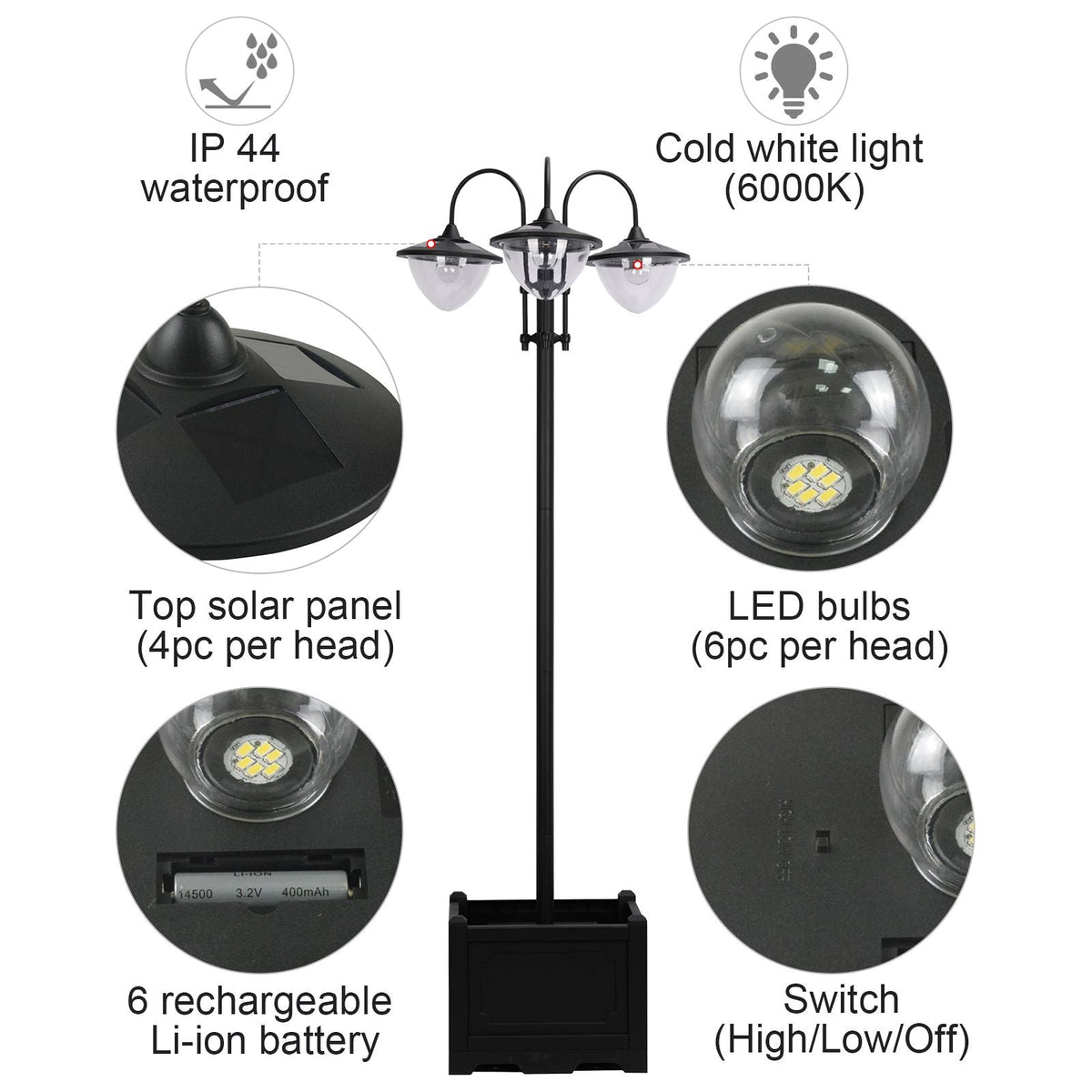74.5" 3-Head Solar Street Light Post with Planter, Auto-On, 6Hr, Black
