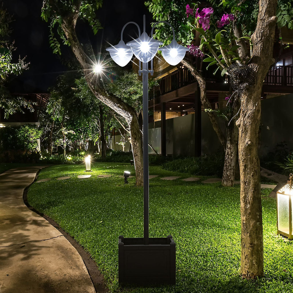 74.5" 3-Head Solar Street Light Post with Planter, Auto-On, 6Hr, Black