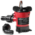 Johnson Pump Cartridge Bilge Pump 12V in red and black, featuring inlet and outlet fittings, designed for marine use with 500 GPH flow capacity and 12V DC power.