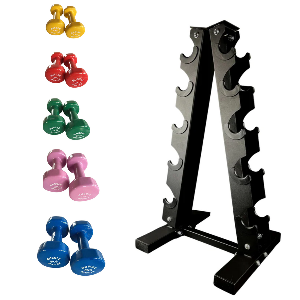 Muscle Motion Vinyl Dumbbell Set (1kg - 5kg) with Rack