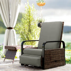 Reclining Outdoor Wicker Lounge Chair w/ Cushion, Adjustable Backrest & Footrest, Light Grey
