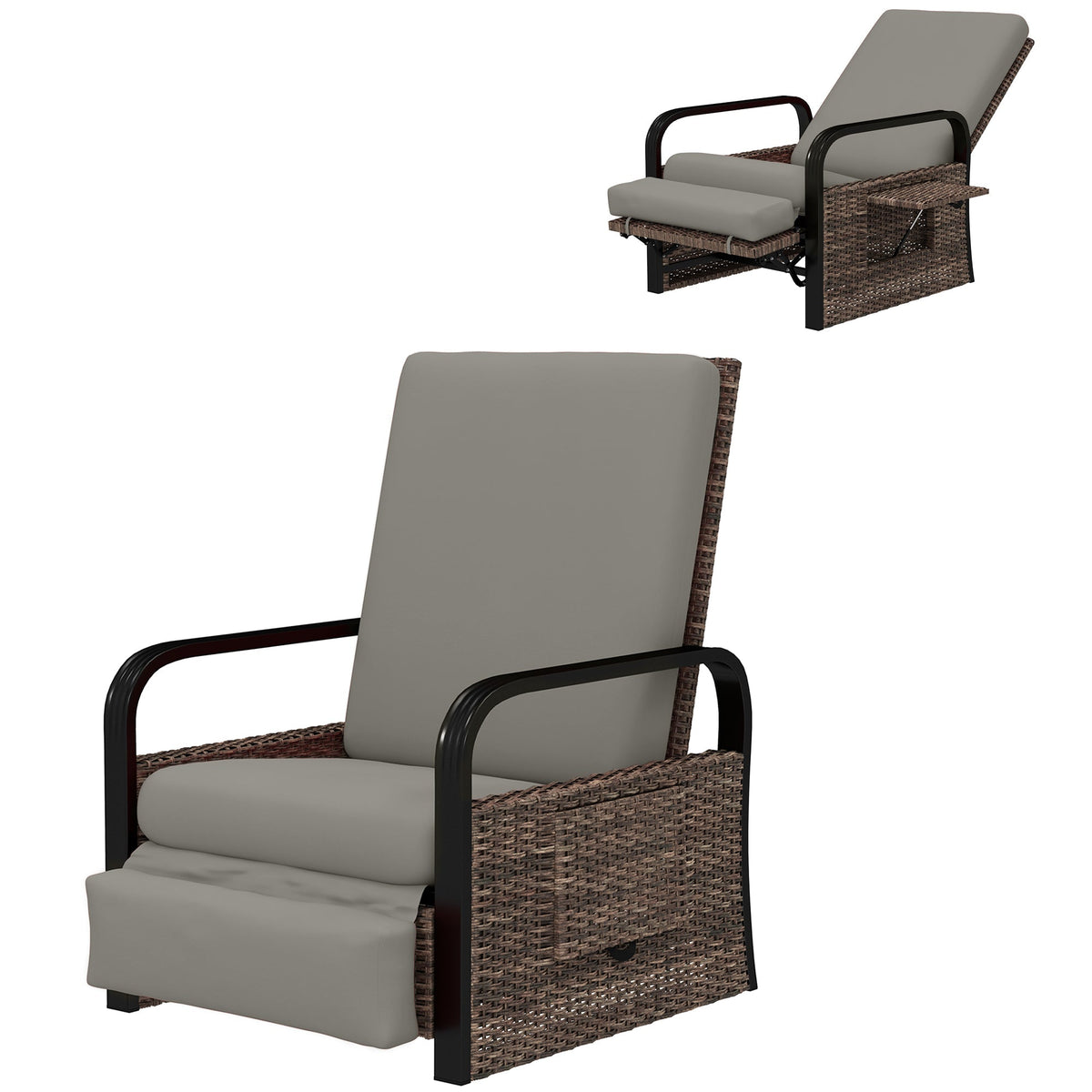 Reclining Outdoor Wicker Lounge Chair w/ Cushion, Adjustable Backrest & Footrest, Light Grey