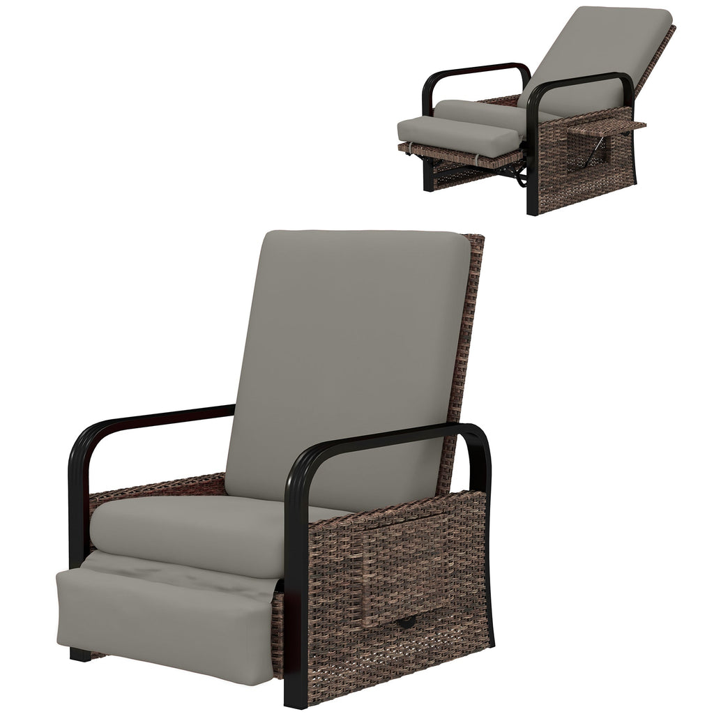 Reclining Outdoor Wicker Lounge Chair w/ Cushion, Adjustable Backrest & Footrest, Light Grey