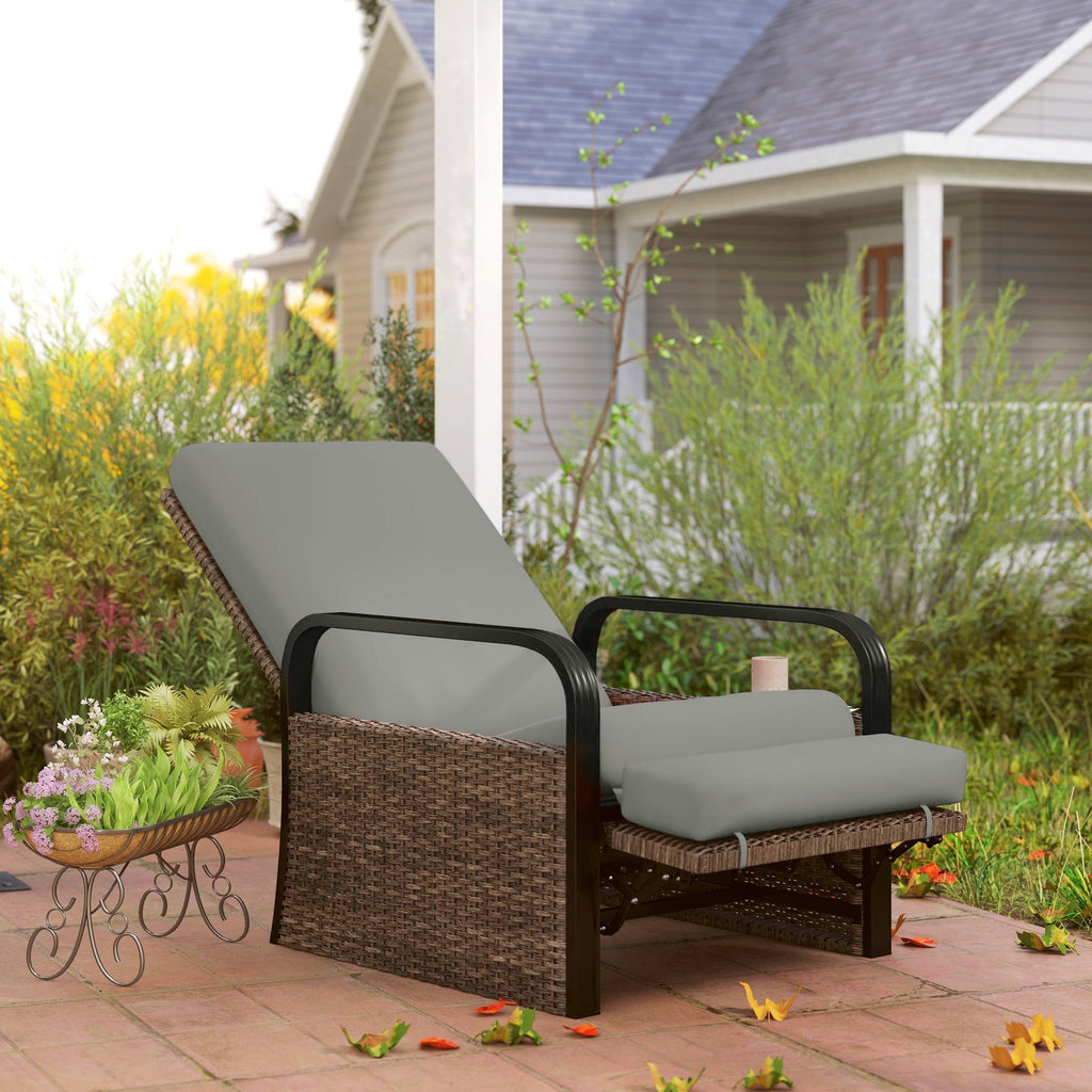 Reclining Outdoor Wicker Lounge Chair w/ Cushion, Adjustable Backrest & Footrest, Light Grey