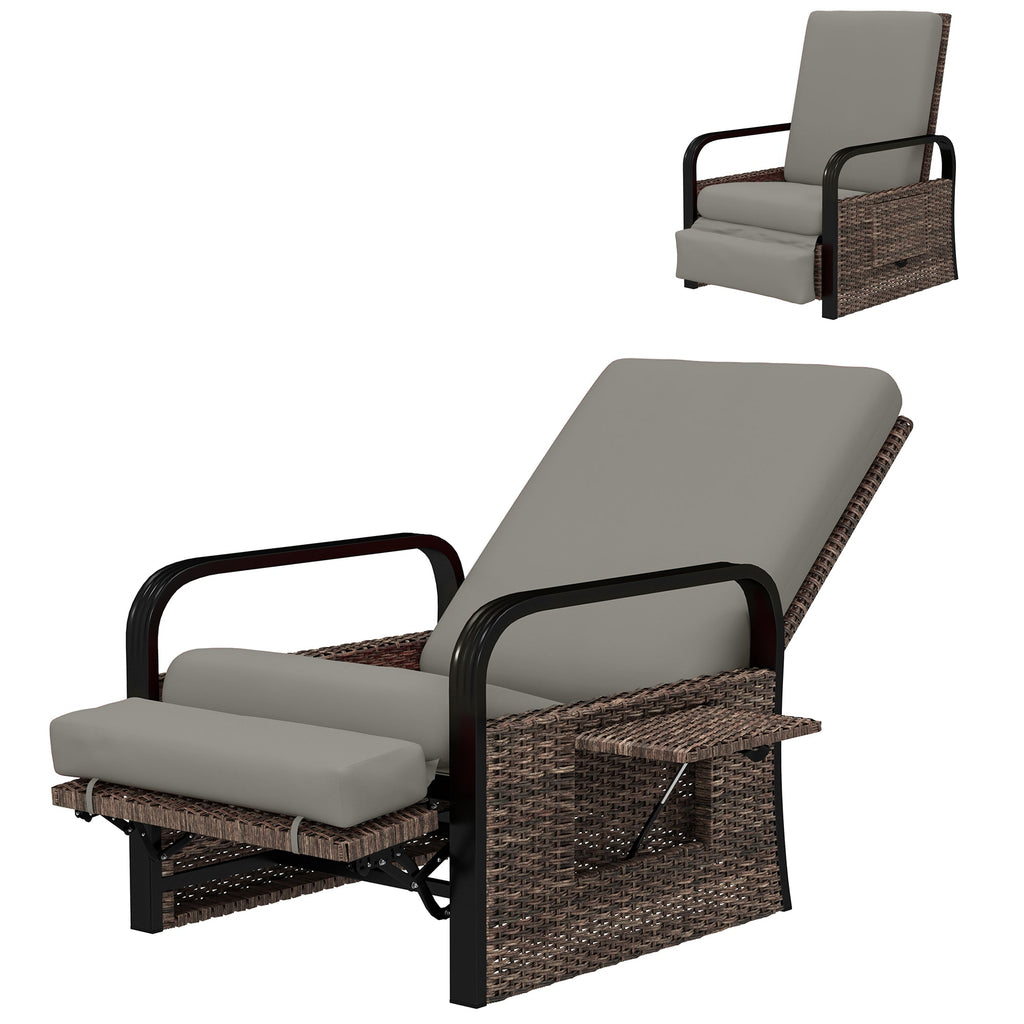 Reclining Outdoor Wicker Lounge Chair w/ Cushion, Adjustable Backrest & Footrest, Light Grey