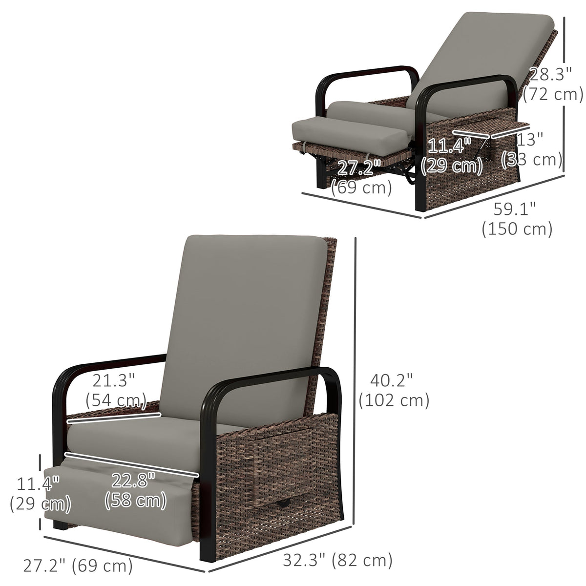 Reclining Outdoor Wicker Lounge Chair w/ Cushion, Adjustable Backrest & Footrest, Light Grey