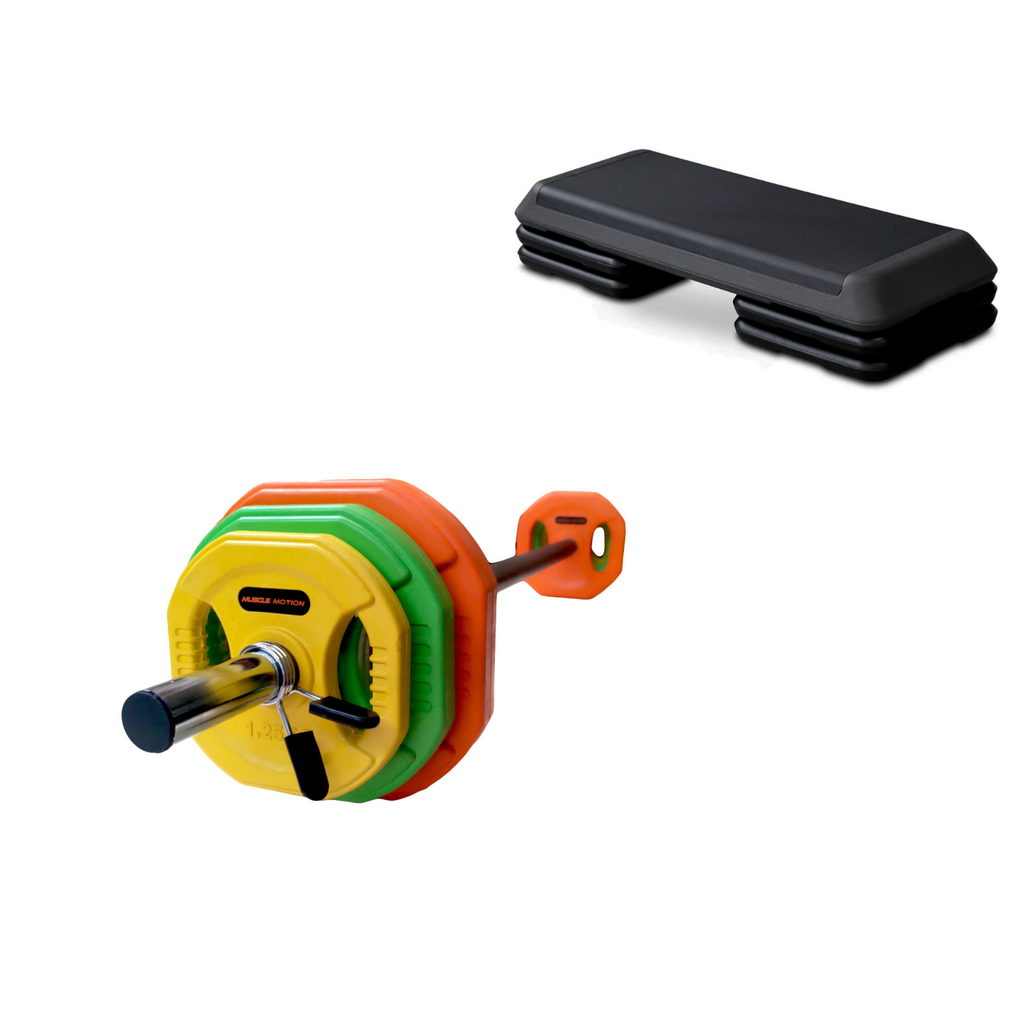 Muscle Motion 20kg Coloured Barbell Pump Set plus Step