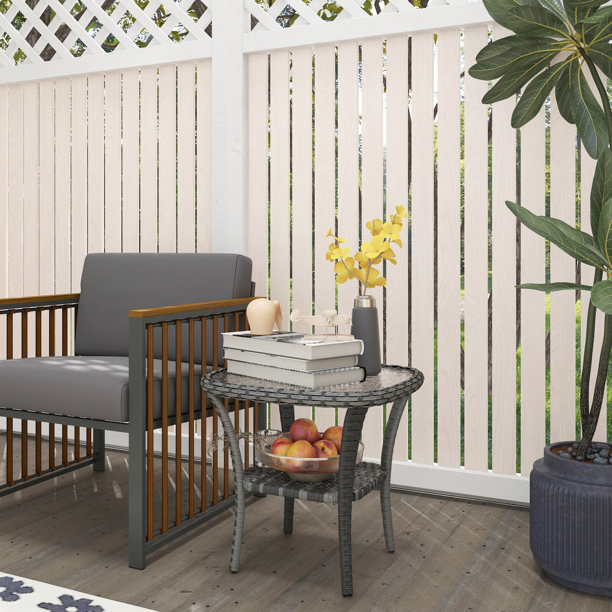 Rattan Coffee Table with Storage Shelf and Glass Top, Mixed Grey