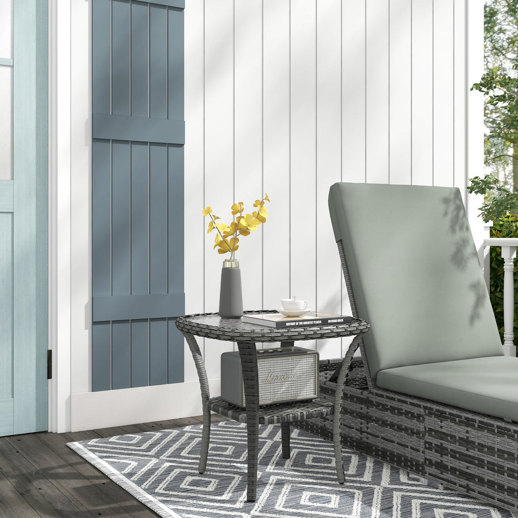 Rattan Coffee Table with Storage Shelf and Glass Top, Mixed Grey