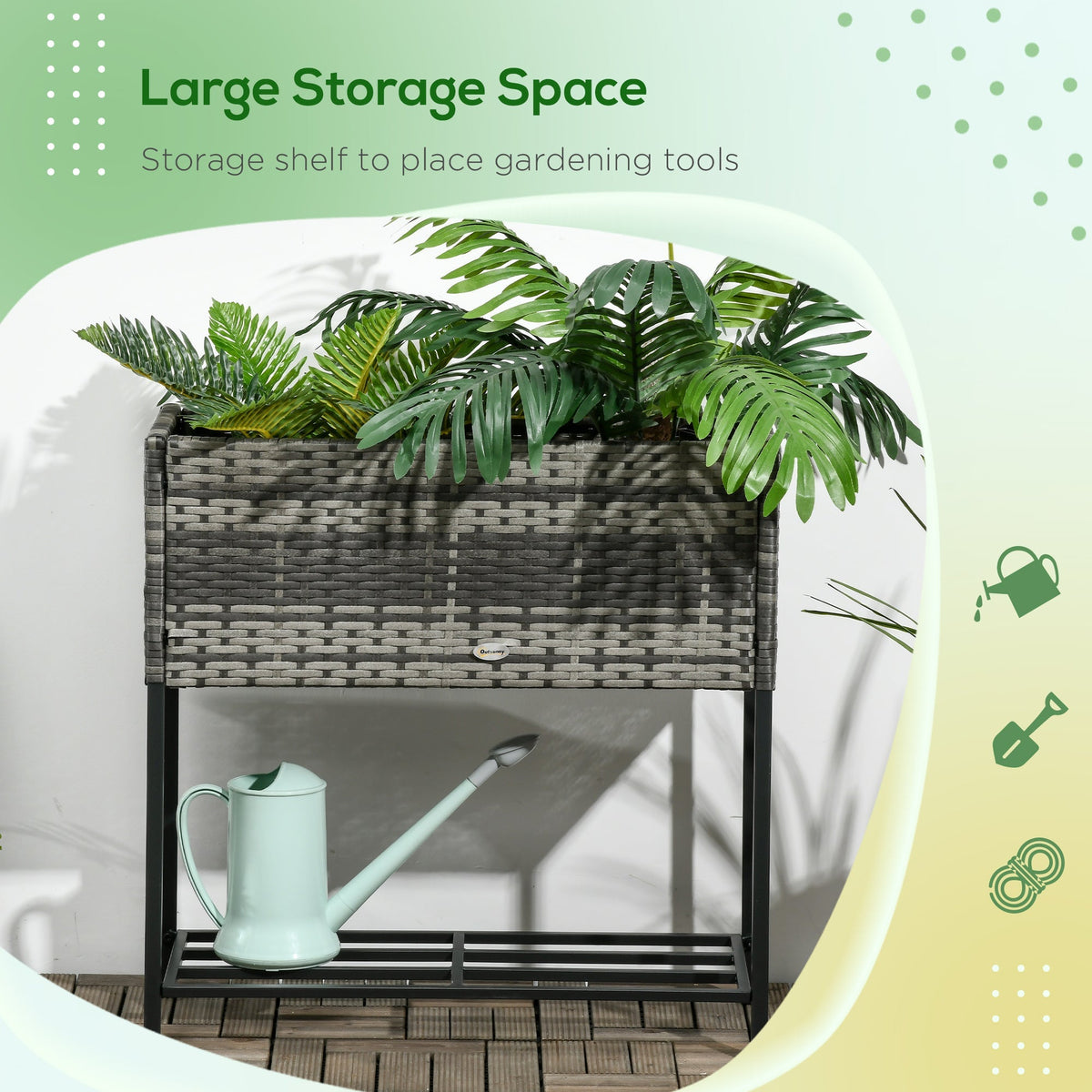 Modern Elevated Metal Garden Bed with Rattan Look & Storage, Mixed Grey