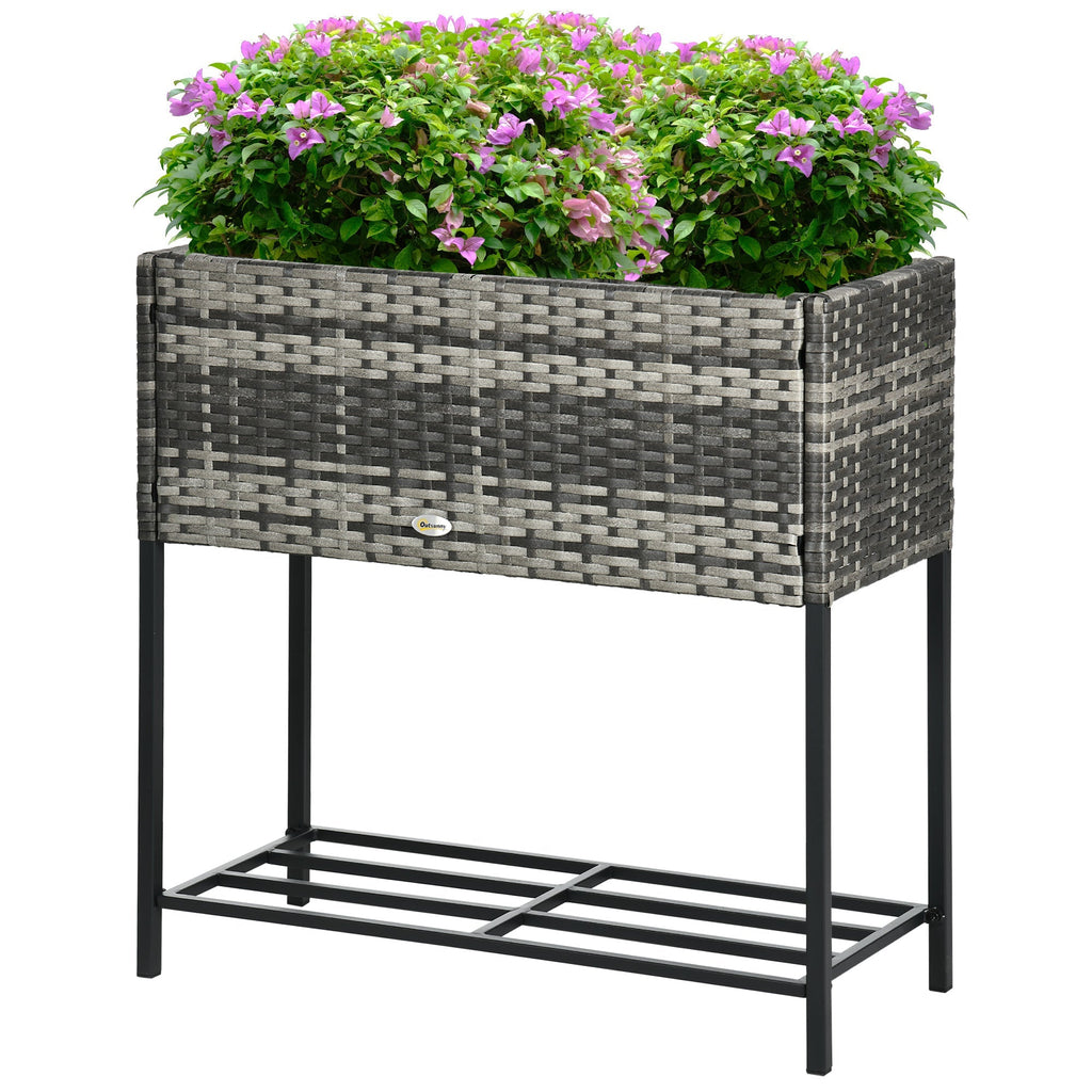 Modern Elevated Metal Garden Bed with Rattan Look & Storage, Mixed Grey