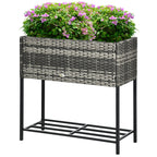 Modern Elevated Metal Garden Bed with Rattan Look & Storage, Mixed Grey