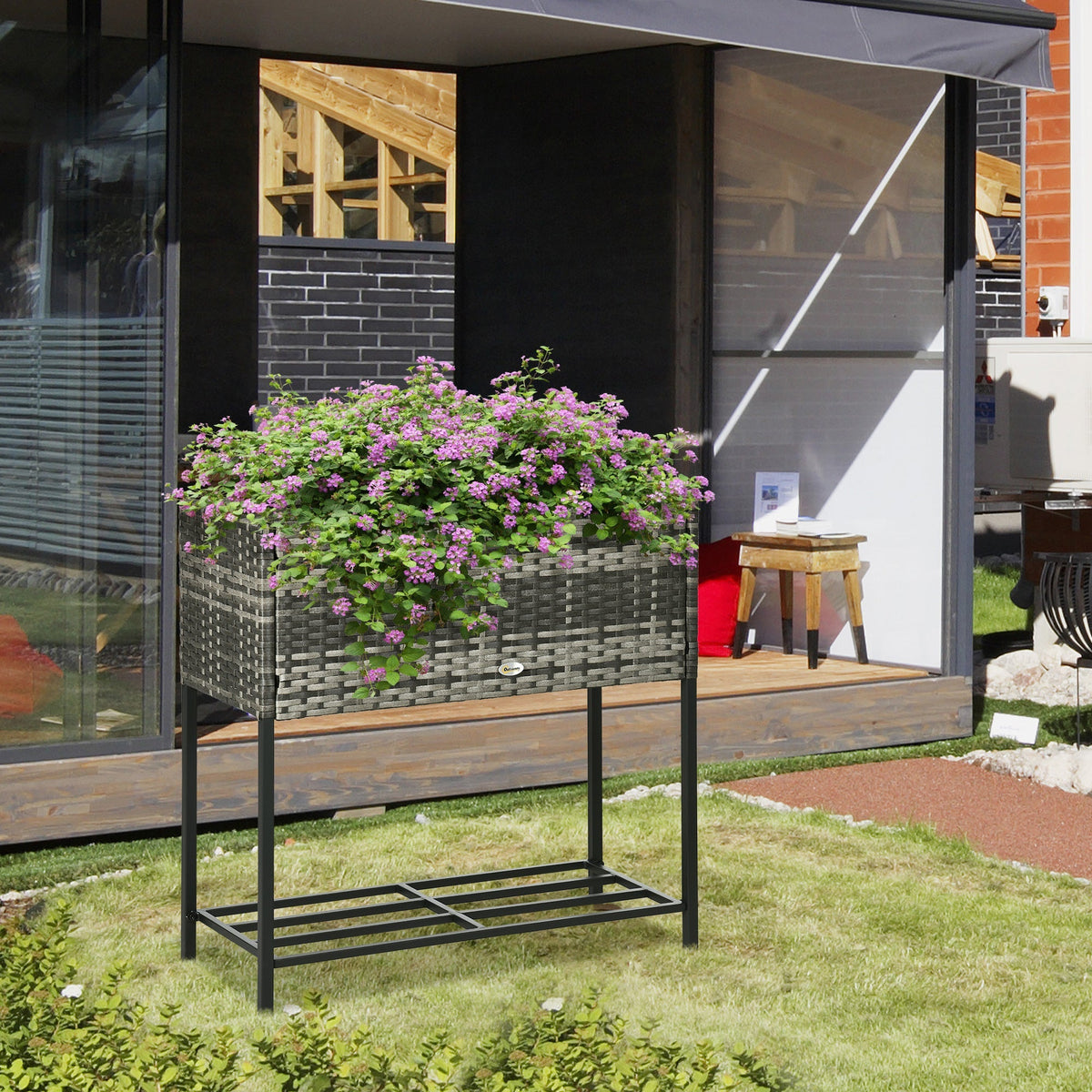 Modern Elevated Metal Garden Bed with Rattan Look & Storage, Mixed Grey