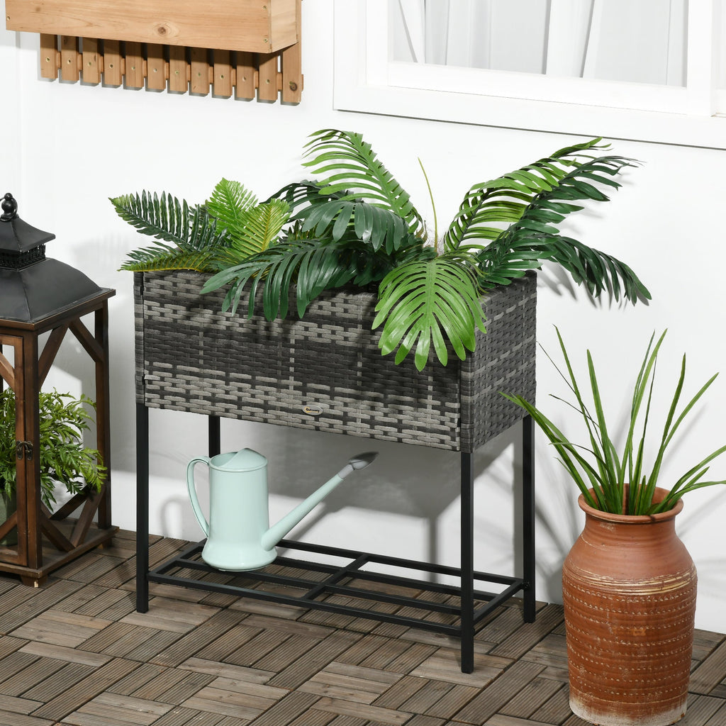 Modern Elevated Metal Garden Bed with Rattan Look & Storage, Mixed Grey