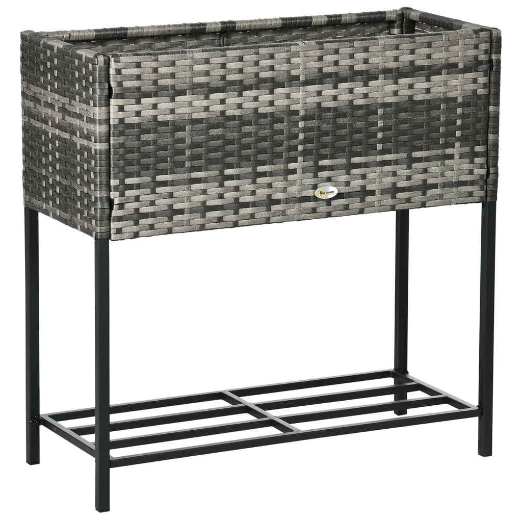 Modern Elevated Metal Garden Bed with Rattan Look & Storage, Mixed Grey