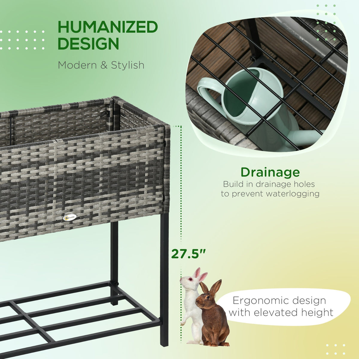 Modern Elevated Metal Garden Bed with Rattan Look & Storage, Mixed Grey