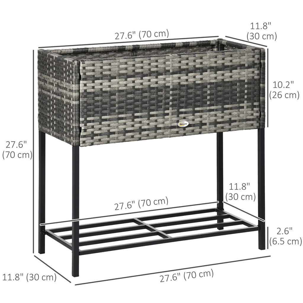 Modern Elevated Metal Garden Bed with Rattan Look & Storage, Mixed Grey