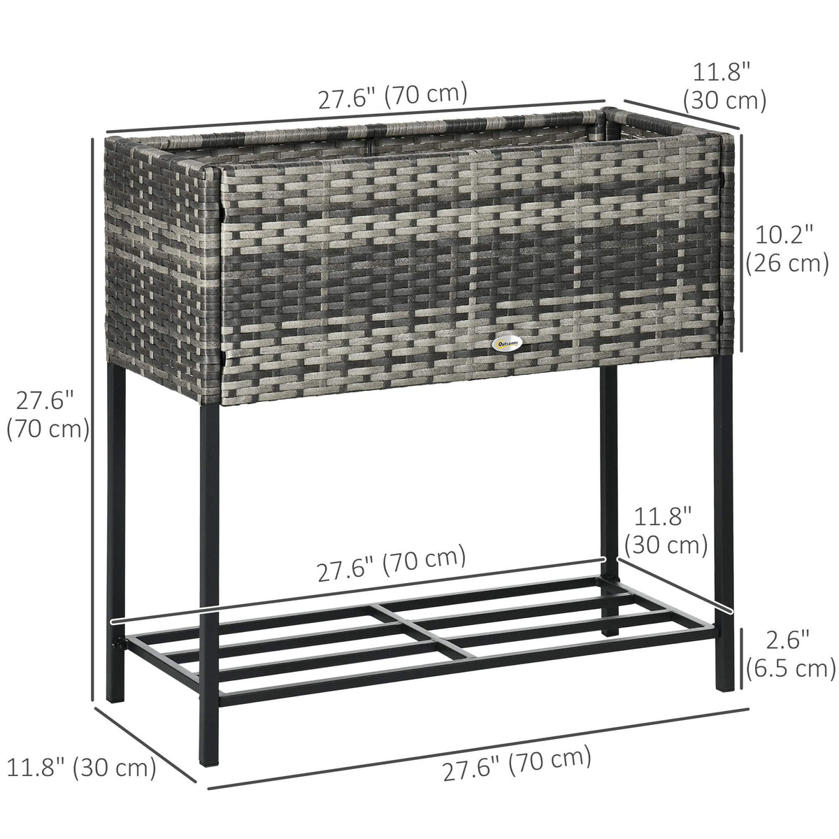 Modern Elevated Metal Garden Bed with Rattan Look & Storage, Mixed Grey
