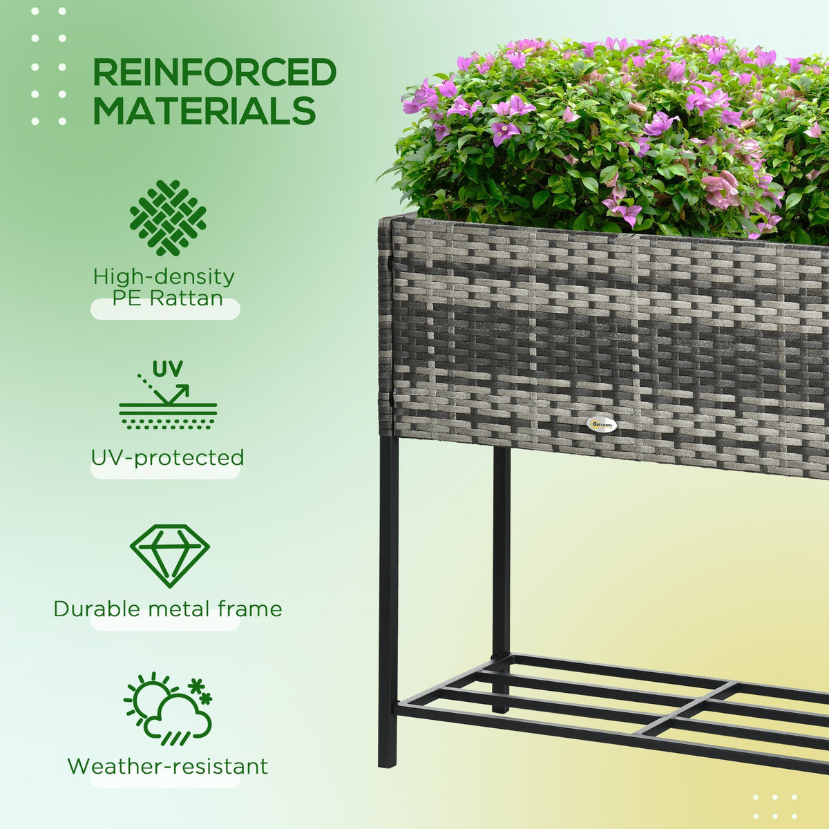 Modern Elevated Metal Garden Bed with Rattan Look & Storage, Mixed Grey