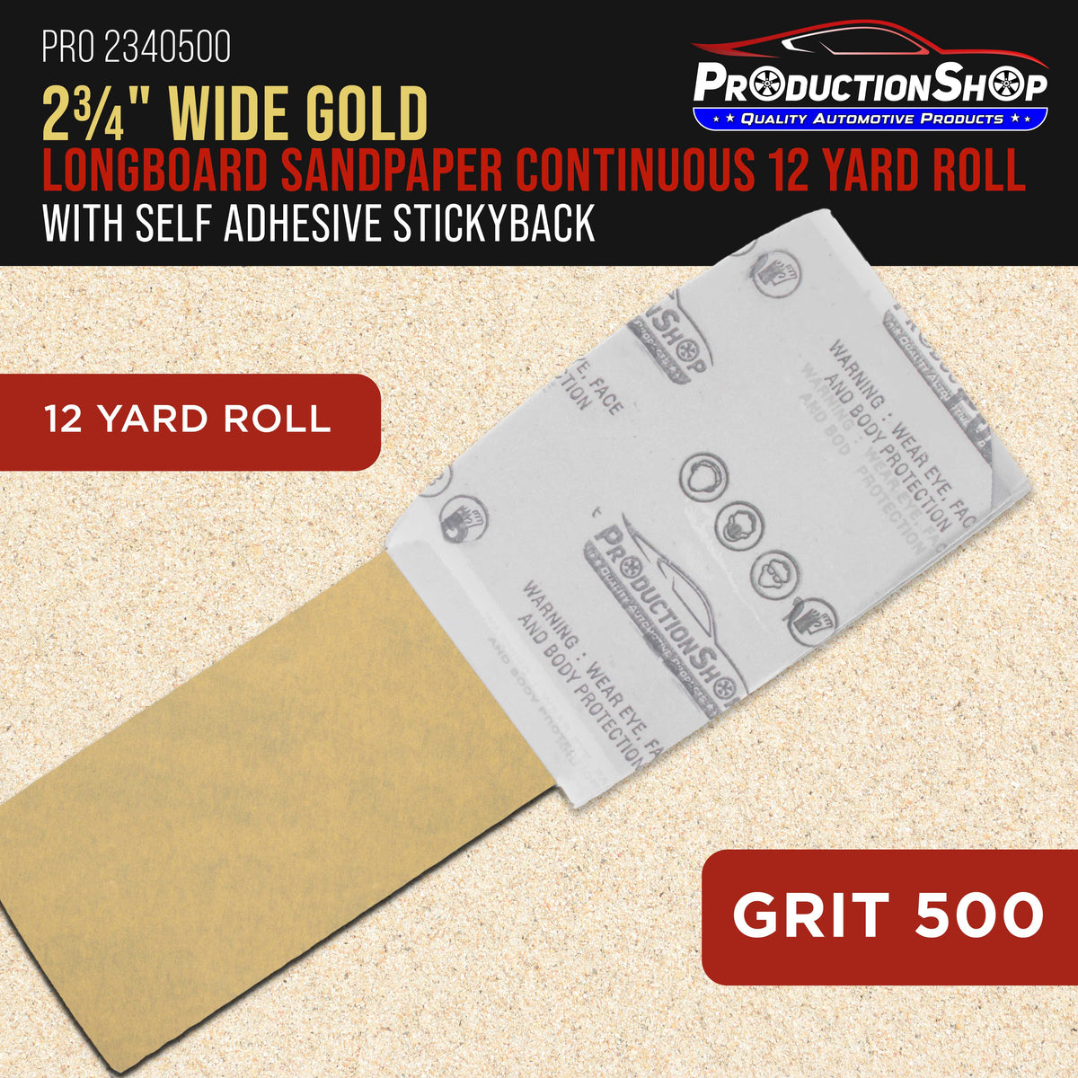 Premium 500 Grit PSA Gold Longboard Sandpaper, 2-3/4" Wide Continuous 12 Yard Roll - Self Adhesive Stickyback