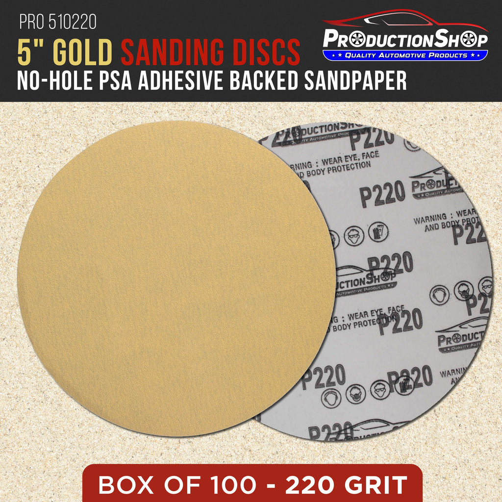 Premium 220 Grit 5" PSA Gold Sanding Discs, Box of 100 - Self Adhesive Stickyback Abrasive Sandpaper for DA & Random Orbital Sanders