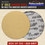 Premium 220 Grit 5" PSA Gold Sanding Discs, Box of 100 - Self Adhesive Stickyback Abrasive Sandpaper for DA & Random Orbital Sanders