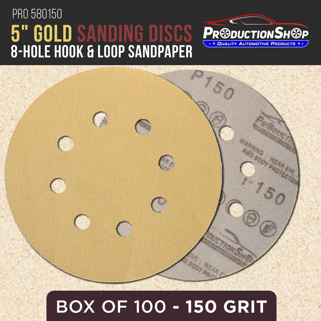 Premium 150 Grit 5" Gold Sanding Discs, 8-Hole Pattern, Box of 100 - Dustless Hook & Loop Backing Sandpaper for DA & Random Orbital Sanders