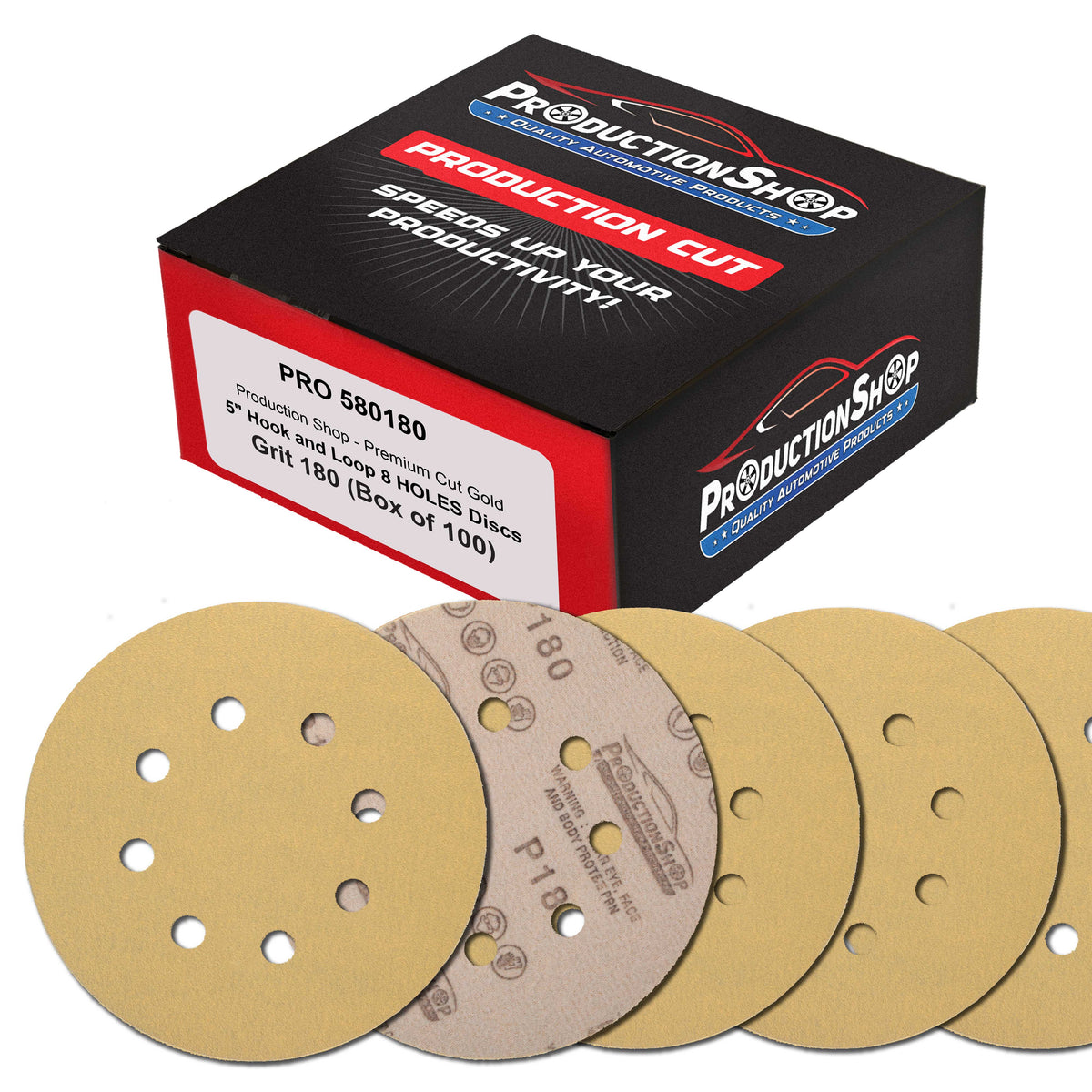 Premium 180 Grit 5" Gold Sanding Discs, 8-Hole Pattern, Box of 100 - Dustless Hook & Loop Backing Sandpaper for DA & Random Orbital Sanders