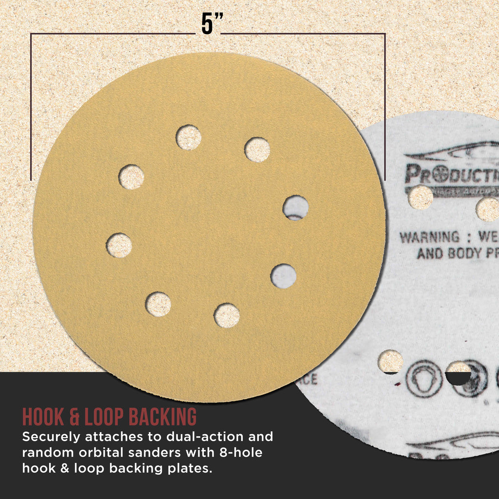 Premium 180 Grit 5" Gold Sanding Discs, 8-Hole Pattern, Box of 100 - Dustless Hook & Loop Backing Sandpaper for DA & Random Orbital Sanders