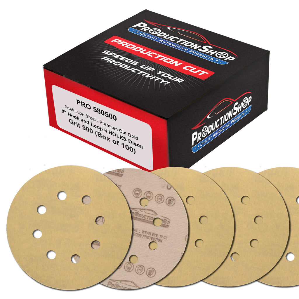 Premium 500 Grit 5" Gold Sanding Discs, 8-Hole Pattern, Box of 100 - Dustless Hook & Loop Backing Sandpaper for DA & Random Orbital Sanders