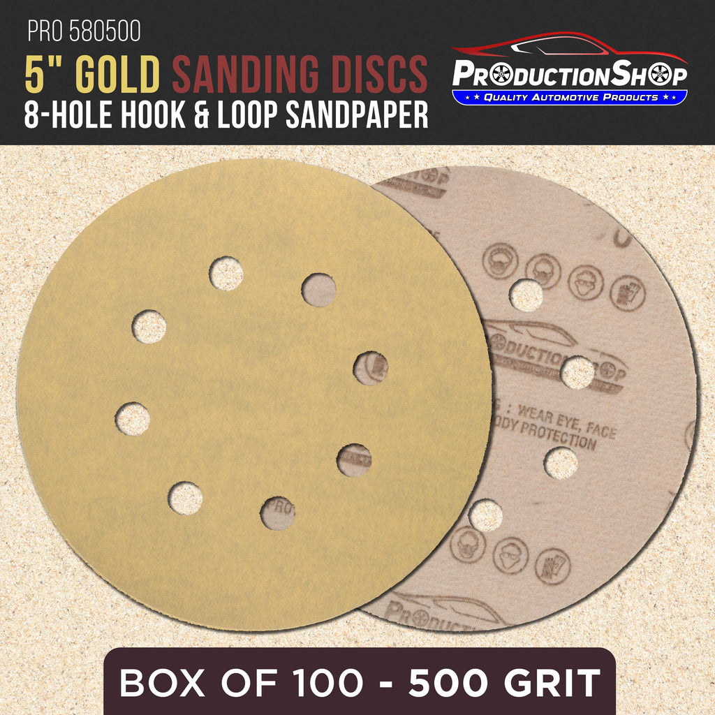 Premium 500 Grit 5" Gold Sanding Discs, 8-Hole Pattern, Box of 100 - Dustless Hook & Loop Backing Sandpaper for DA & Random Orbital Sanders