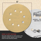 Premium 500 Grit 5" Gold Sanding Discs, 8-Hole Pattern, Box of 100 - Dustless Hook & Loop Backing Sandpaper for DA & Random Orbital Sanders