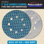 Premium 120 Grit 5" Rhombus Diamond Shape Blue Sanding Discs, 8-Hole, Box of 50 - Hook & Loop Anti-Clogging J-Cloth Dustless Sandpaper for Random Orbital Sanders