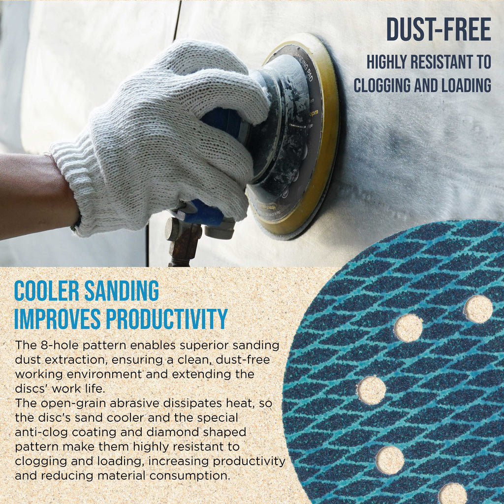 Premium 120 Grit 5" Rhombus Diamond Shape Blue Sanding Discs, 8-Hole, Box of 50 - Hook & Loop Anti-Clogging J-Cloth Dustless Sandpaper for Random Orbital Sanders