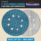 Premium 180 Grit 5" Rhombus Diamond Shape Blue Sanding Discs, 8-Hole, Box of 50 - Hook & Loop Anti-Clogging J-Cloth Dustless Sandpaper for Random Orbital Sanders