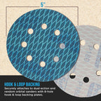 Premium 180 Grit 5" Rhombus Diamond Shape Blue Sanding Discs, 8-Hole, Box of 50 - Hook & Loop Anti-Clogging J-Cloth Dustless Sandpaper for Random Orbital Sanders