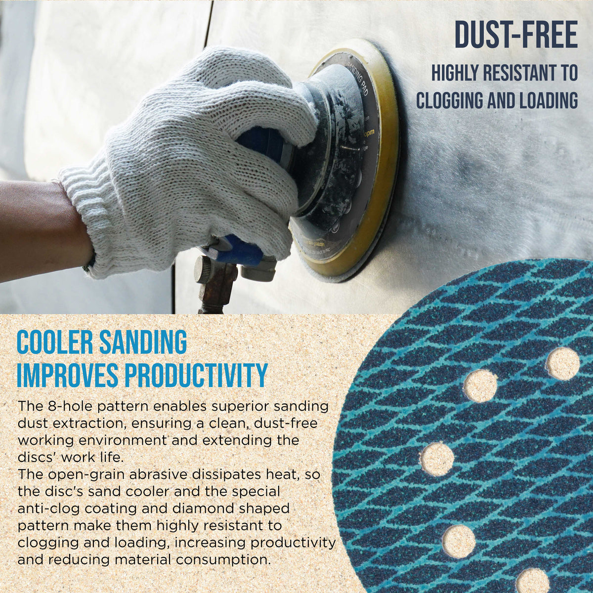 Premium 320 Grit 5" Rhombus Diamond Shape Blue Sanding Discs, 8-Hole, Box of 50 - Hook & Loop Anti-Clogging J-Cloth Dustless Sandpaper for Random Orbital Sanders