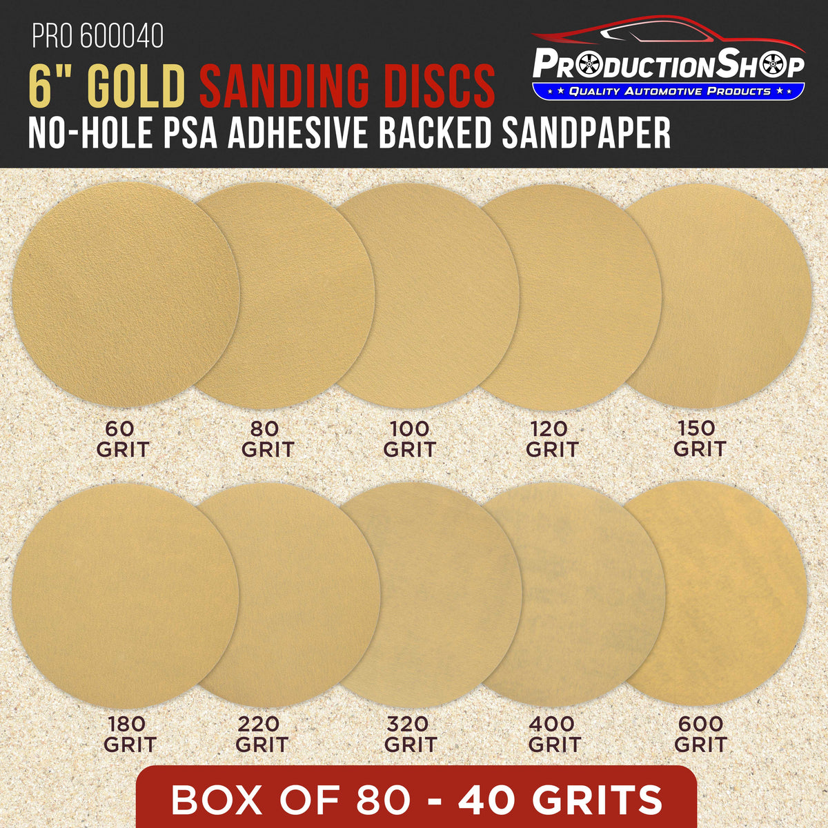 Premium 40 Grit 6" PSA Gold Sanding Discs, Box of 80 - Self Adhesive Stickyback Abrasive Sandpaper for DA & Random Orbital Sanders