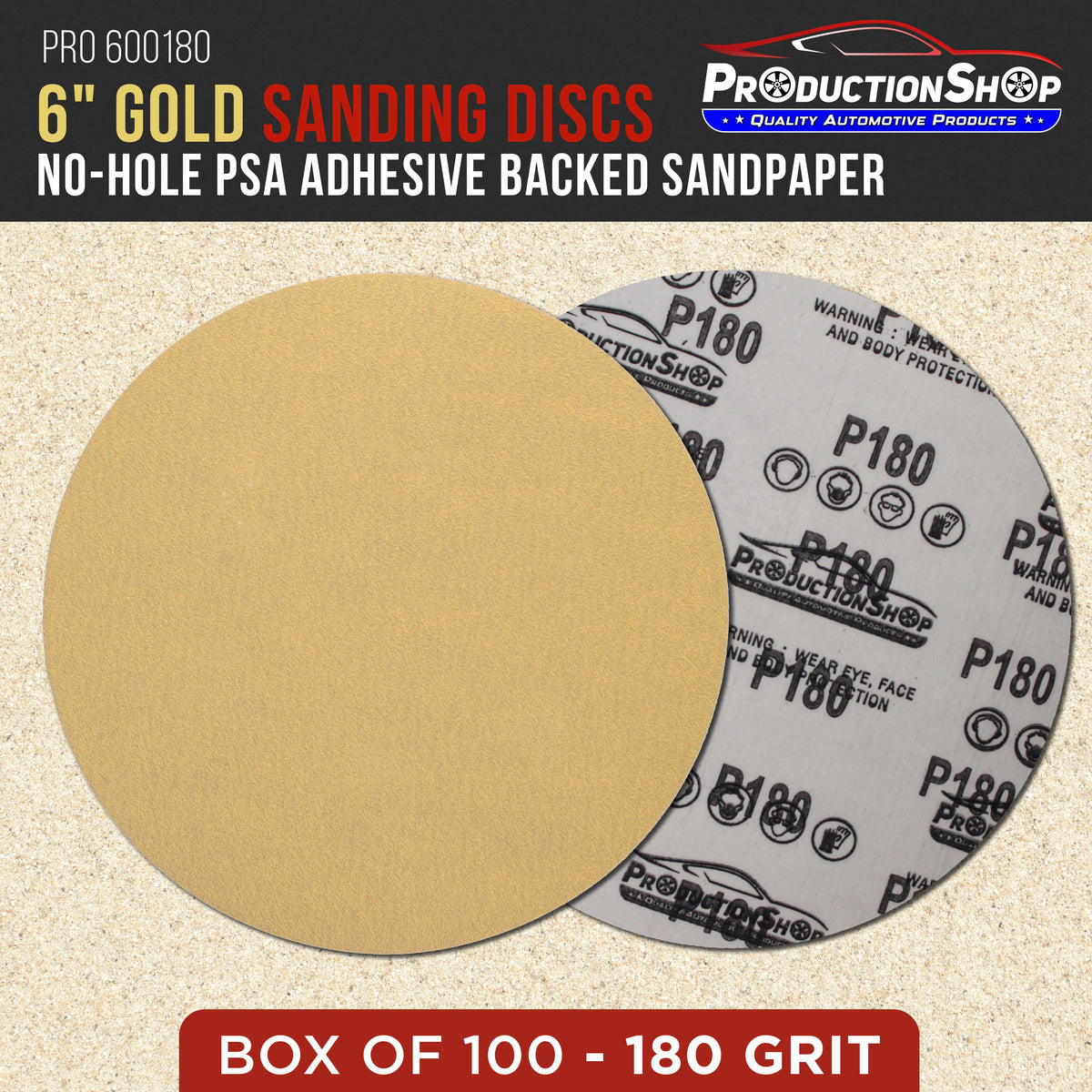 Premium 180 Grit 6" PSA Gold Sanding Discs, Box of 100 - Self Adhesive Stickyback Abrasive Sandpaper for DA & Random Orbital Sanders