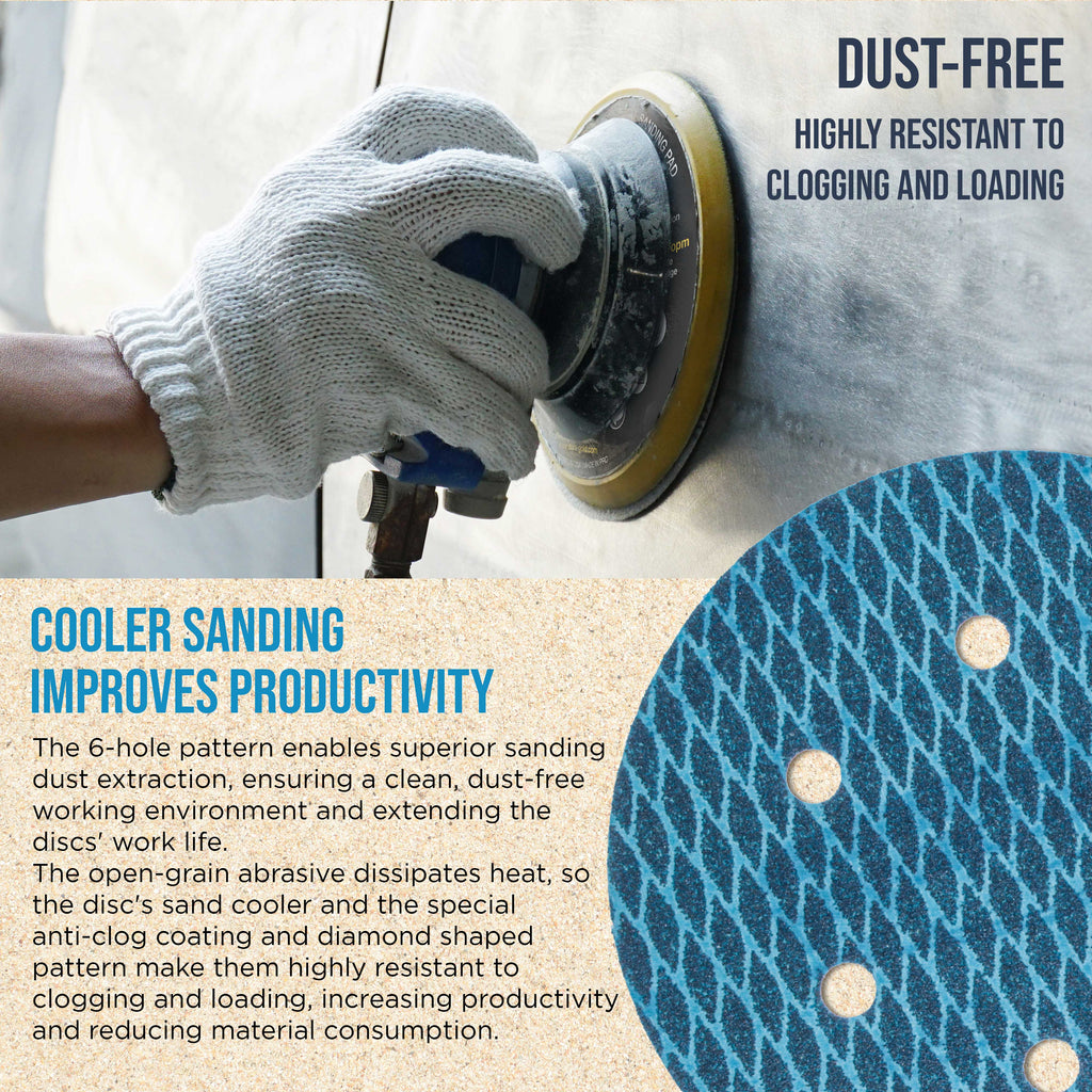 Premium 400 Grit 6" Rhombus Diamond Shape Blue Sanding Discs, 6-Hole, Box of 50 - Hook & Loop Anti-Clogging J-Cloth Dustless Sandpaper for Random Orbital Sanders