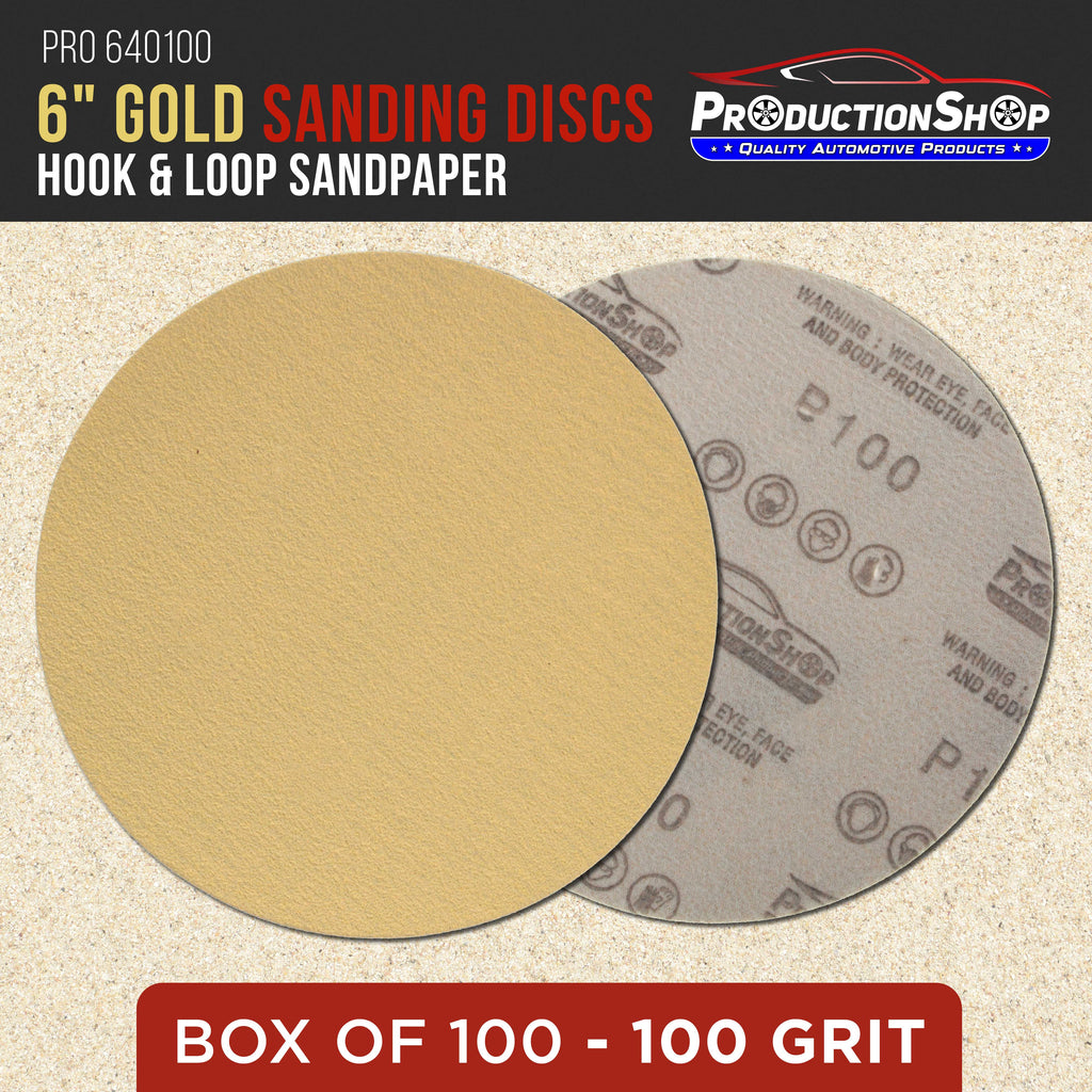 Premium 100 Grit 6" Gold Sanding Discs, Box of 100 - Hook & Loop Backing Abrasive Sandpaper for DA & Random Orbital Sanders